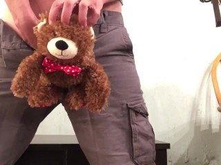 Plushie fuck and FTM empties bladder inside of it.